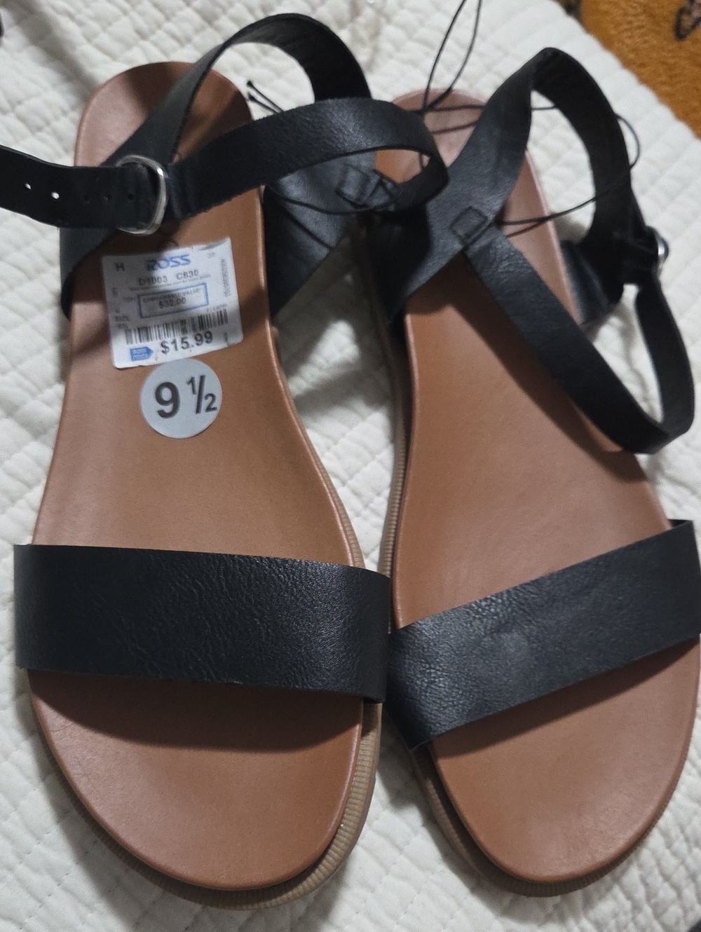 me too Black Strappy Flat Sandals with Tan Footbed